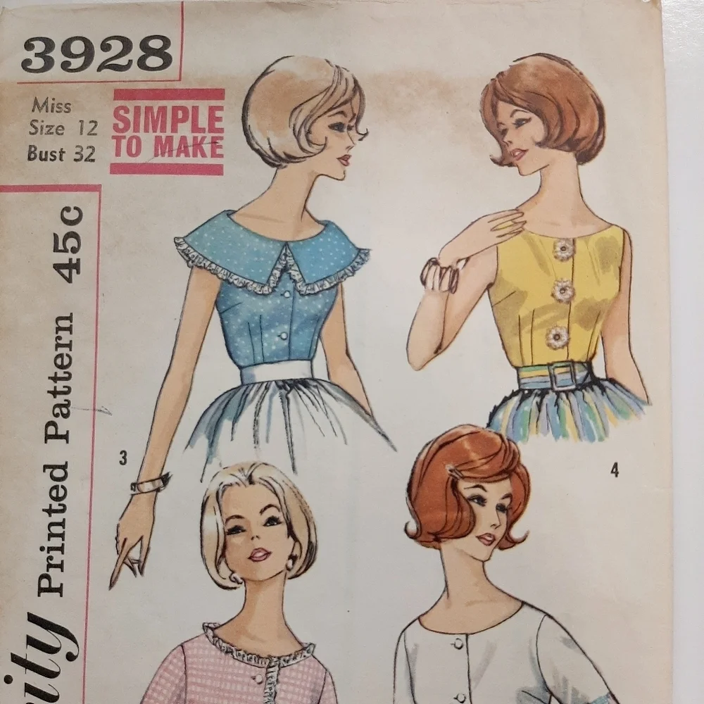 VTG 60 's SIMPLICITY BLOUSE PATTERN # 3928